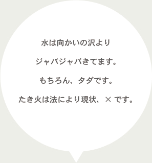 水は向かいの沢よりジャバジャバきてます。もちろん、タダです。たき火は法により現状、×です。
